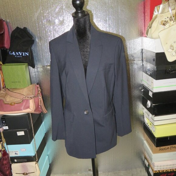 ESCADA Navy 100% Italian Wool Silk Suit Blazer Jacket size 42 US 12 - Picture 1 of 9